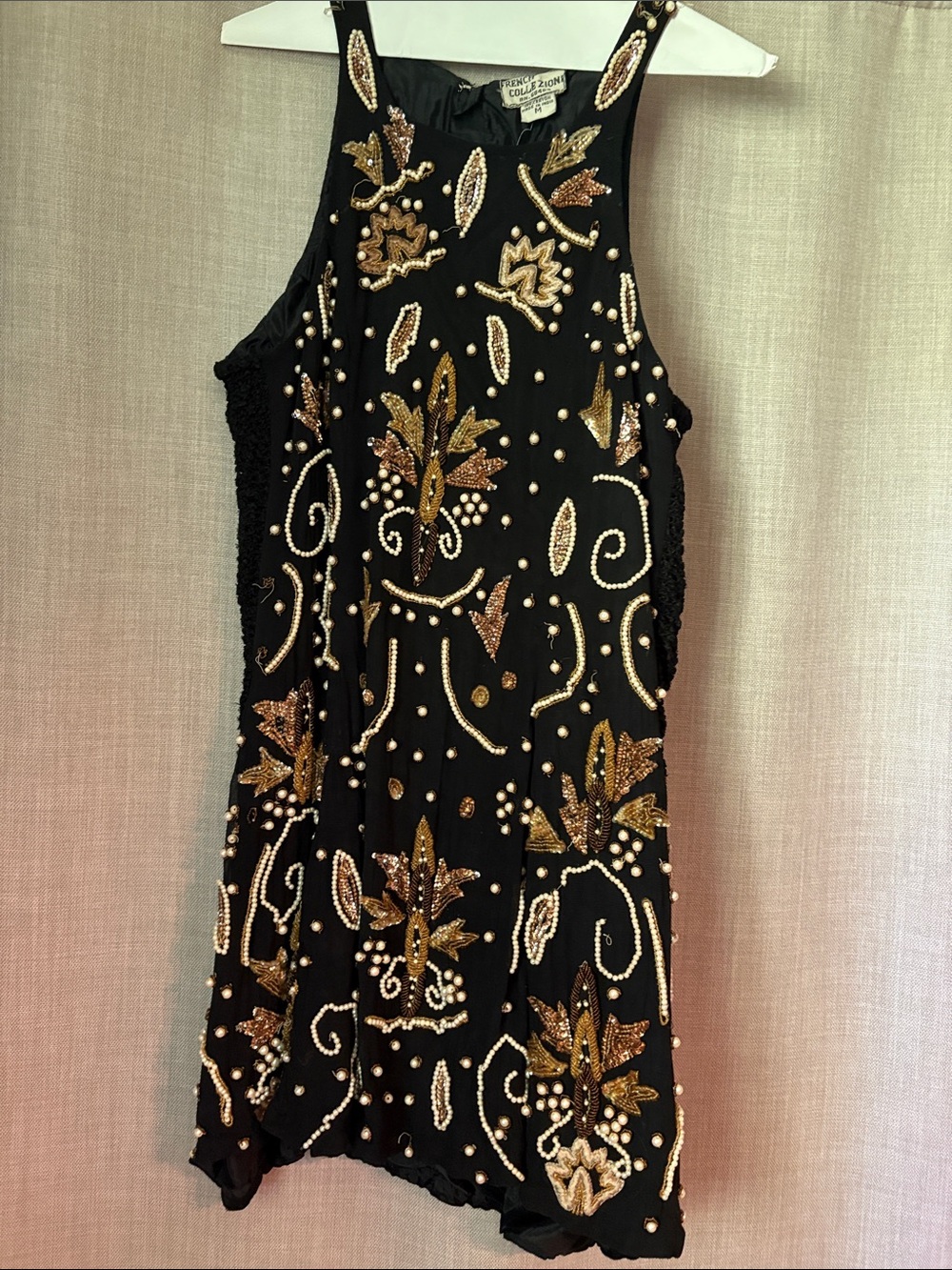 Vintage Black Mini Dress with Gold and Pearl Embellishment